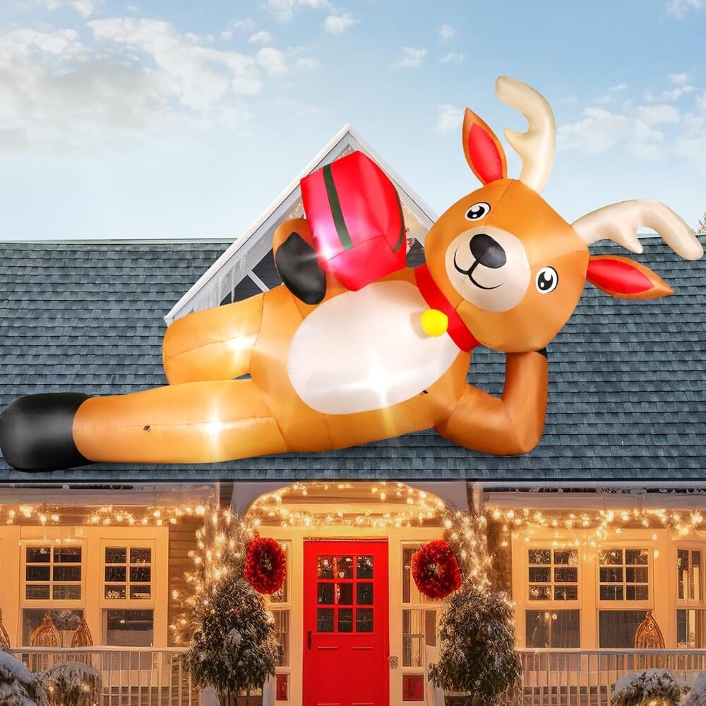⚡12FT Christmas Inflatable Blow Up Reindeer Gift Box Decor Outdoor Decoration